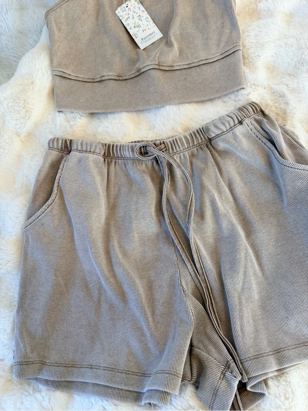NWT Ribbed Tank & Drawstring Shorts Set - tan - Picture 3 of 5